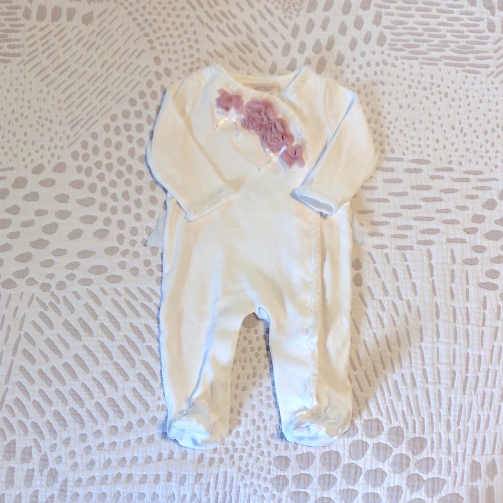 Miniclasix Ivory Romper with Pink Tulle Flowers